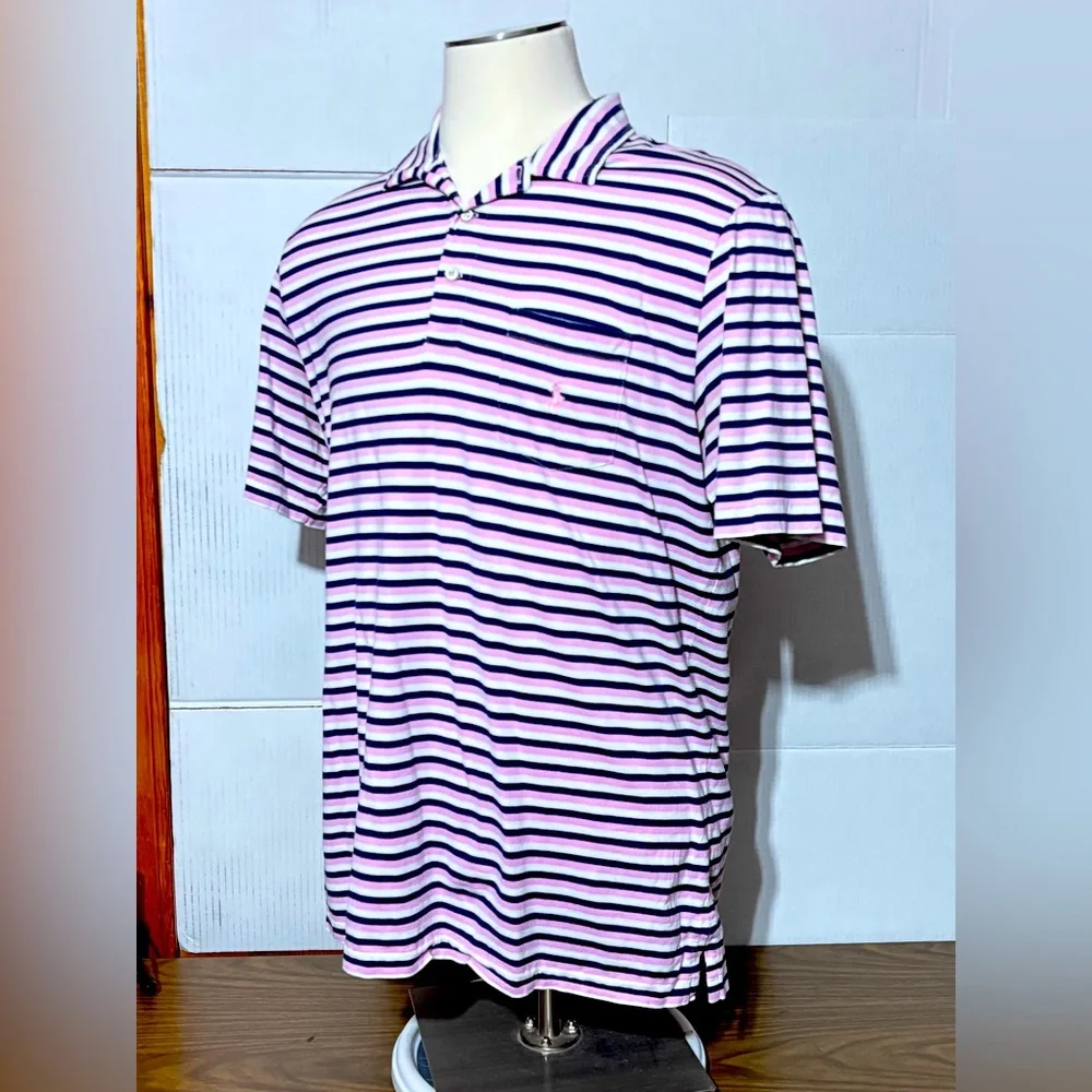 Polo by Ralph Lauren XL Men's Striped Polo Shirt pink & navy blue 30” L 23” p2p